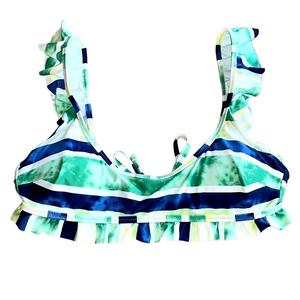 Aerie Scoop Neck Striped Ruffled Bikini Top Small Blue Green